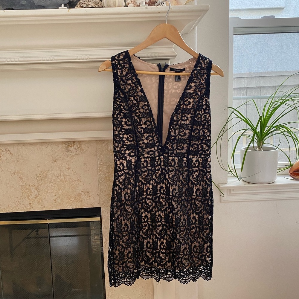 Black lace minidress deep v neckline sleeveless, nude lining, Forever 21 brand